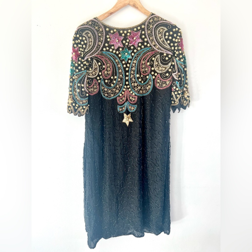 Carina 80s Dead‎ Stock Black Beaded Pearl & Stars Silk Cocktail Dress Size XL